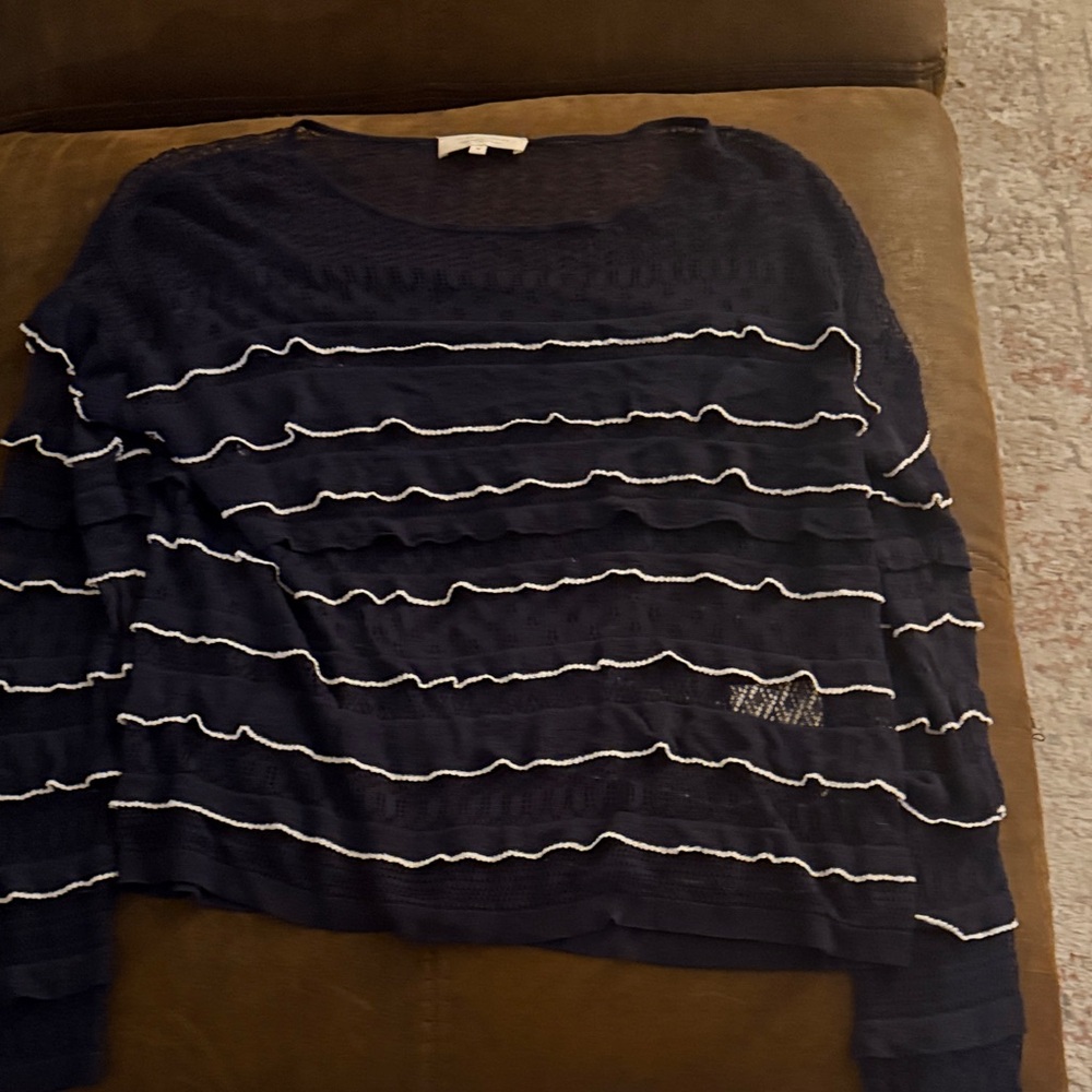 Sezane Navy Ruffled Stripe Sweater - White Trim